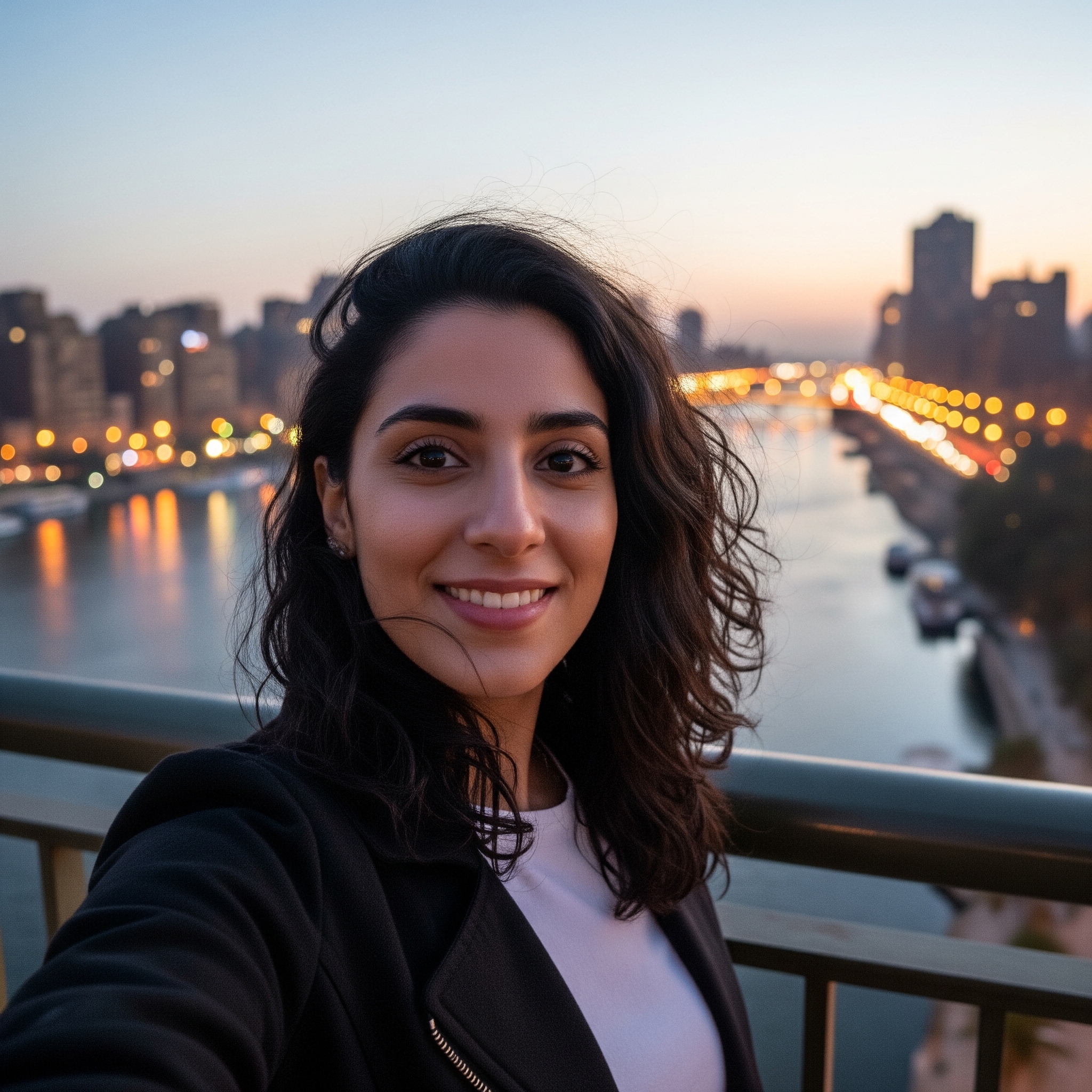 Woman taking a selfie in a city at dusk